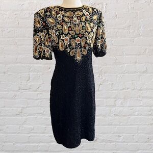 Stenay black silk party dress with beading, sequins, and gemstones in a petite